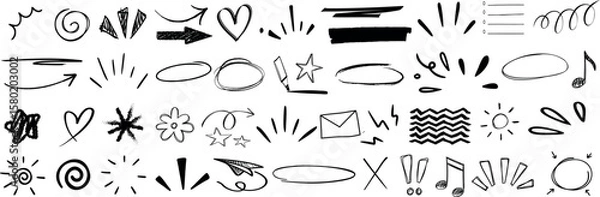Fototapeta Hand drawn doodle elements including arrow, heart, star, swirl, highlight, and sketch underline. decorative design set for infographics, social media, note taking, and creative projects