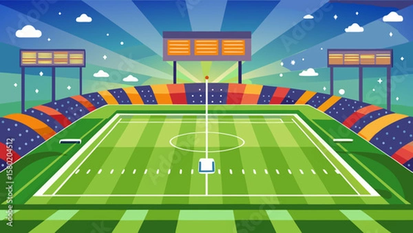 Fototapeta Vibrant sports stadium with green field and colorful spectator seating under a starry sky