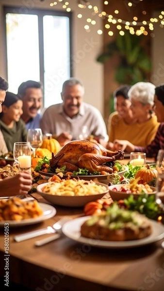 Fototapeta Large family gathered around a Thanksgiving table