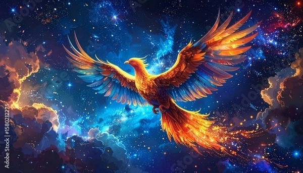 Fototapeta Phoenix rising from flames, phoenix firebird rising into sky, phoenix in fire, Symbol of rebirth, Fenix with burning wings and feathers, flying red burning bird, angel in the night sky