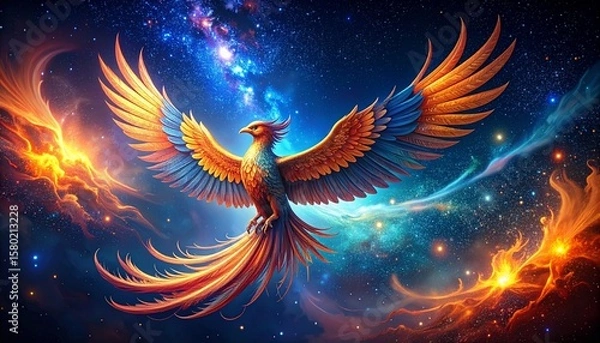 Fototapeta Phoenix rising from flames, phoenix firebird rising into sky, phoenix in fire, Symbol of rebirth, Fenix with burning wings and feathers, flying red burning bird, angel in the night sky
