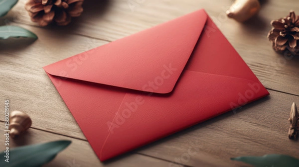 Fototapeta Red envelope on wooden table with autumn decor A red envelope rests on a wooden surface, surrounded by natural autumn decorations, creating a cozy and festive seasonal greeting scene