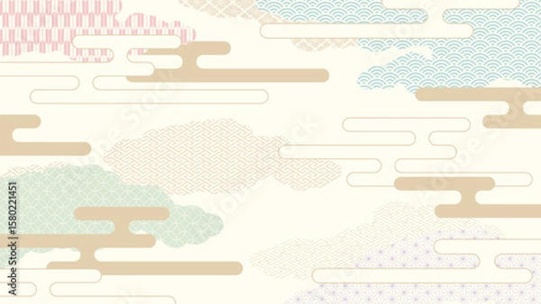 Obraz 16:9の背景素材：日本の伝統的な柄を集めた霞がかかった雲の形の風景