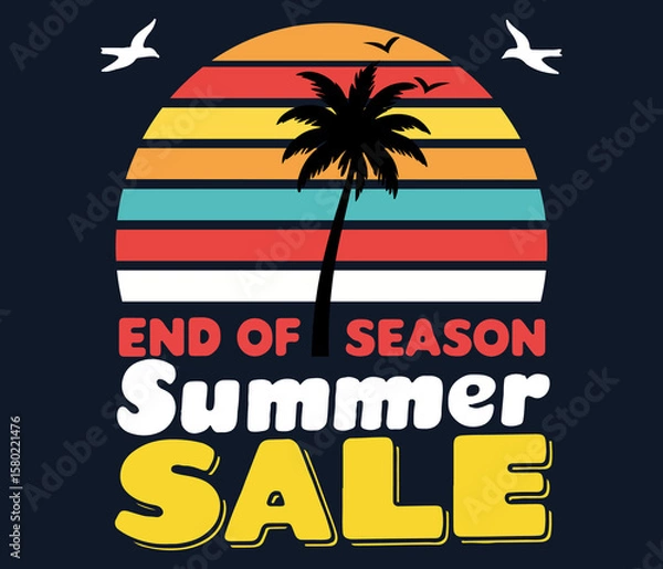 Fototapeta End of Season Summer Sale Graphic Vector Sunset Design with Palm Tree, Birds, and Bold Retro Typography