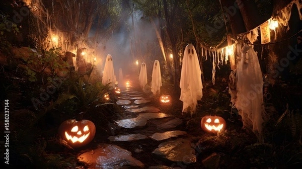 Fototapeta Spooky Forest Pathway Decorated with Ghosts and Glowing Jack-o'-Lanterns on Halloween Nigh