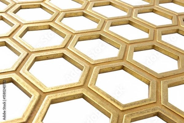 Obraz A close-up view of a hexagonal pattern in a golden color on a black background. The design features interlocking hexagons, creating a modern and stylish look.