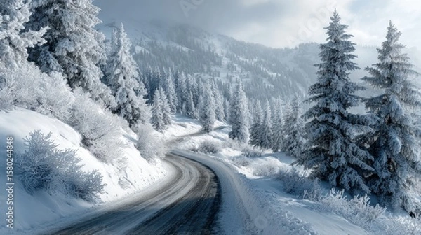 Fototapeta Snow-covered road cutting through a winter wonderland, pine trees with