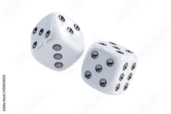 Obraz Two white dice with silver dots falling.