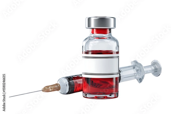 Obraz Medical vial and syringe filled with red liquid.