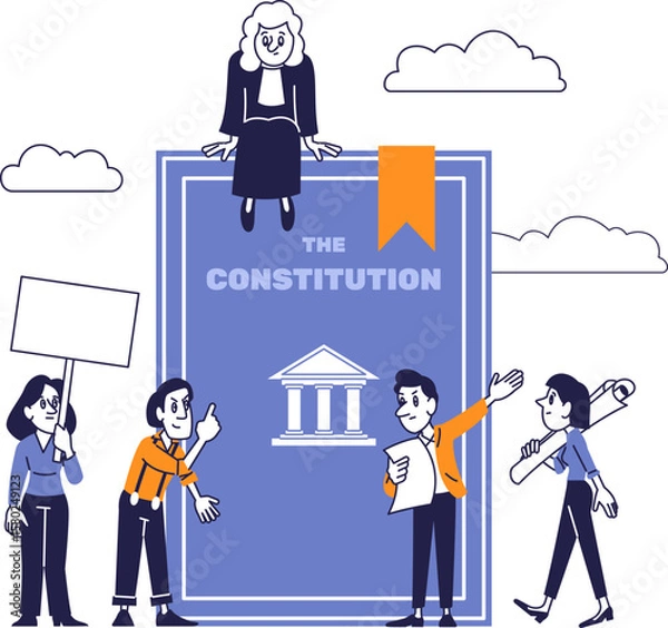 Fototapeta Citizens discussing and defending the Constitution. People interacting with a large law book symbolizing civil rights and justice.