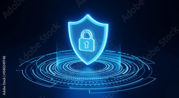 Obraz Cybersecurity concept with a glowing blue shield and padlock icon hologram. Data protection