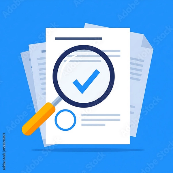 Obraz Document verification concept. Magnifying glass with check mark icon over paper contract