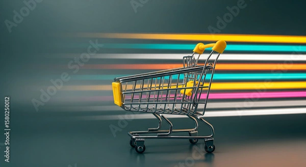 Obraz E-commerce and Fast Delivery Concept with Shopping Cart and Colorful Motion Blur Speed Lines