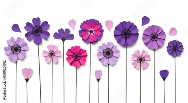Obraz Handmade paper flowers in purple and pink. Floral border for decoration or greeting card