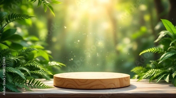 Fototapeta Wooden podium displayed with lush green foliage and sparkles in a natural forest setting