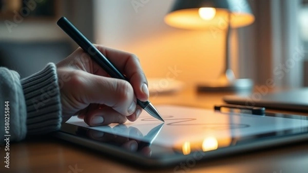 Obraz Macro shot of a hand holding a stylus over an e-ink signature tablet with warm backlight and shallow depth of field.