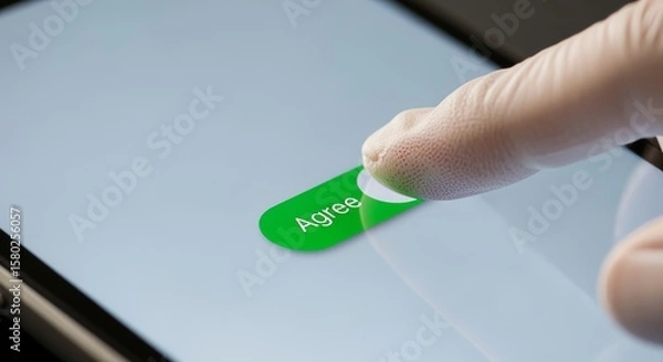 Obraz Macro shot of a hand pressing a digital �Agree� toggle on a touchscreen panel, neutral daylight, editorial vibe.
