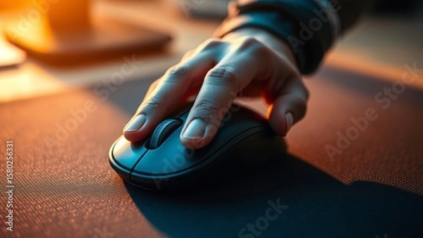 Obraz Macro shot of a hand clicking a wireless mouse on a textured desk pad, showcasing technology's modernity and precision.