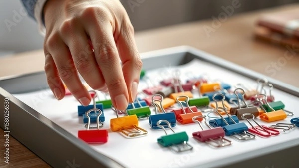 Obraz A hand arranges colorful binder clips on a desk tray in soft light. The high-res photo captures the texture and precision of the organized arrangement.