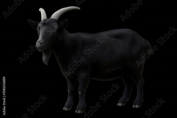 Fototapeta A solitary black goat stands against a stark black background, its white horns reaching towards the sky