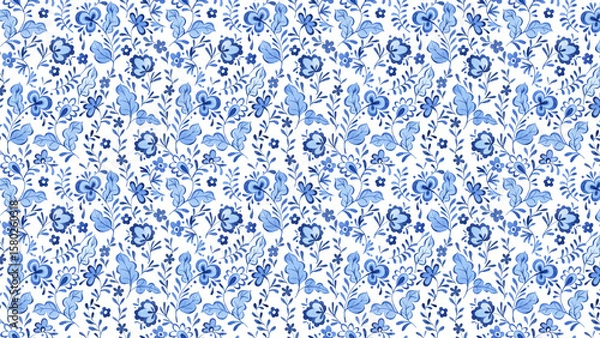 Fototapeta Seamless pattern featuring a delicate arrangement of blue flowers and leaves on a white background