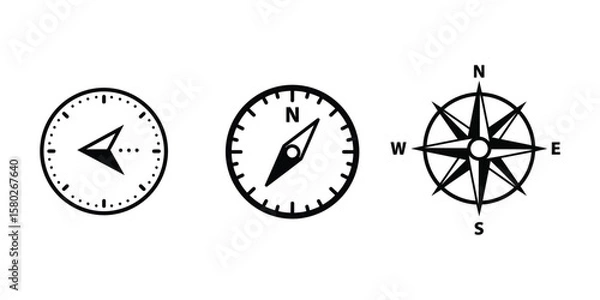 Fototapeta Minimalist line art compass with simple needle and markings, black and white vector illustration for app and web design