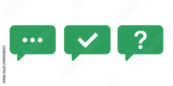 Fototapeta Minimalist green speech bubble icon set with dot, tick, and question mark, flat vector design for app and website