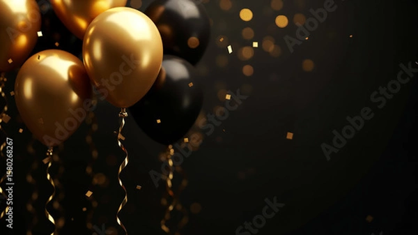 Obraz Gold balloons and confetti adorn a dark, bokeh-lit background.