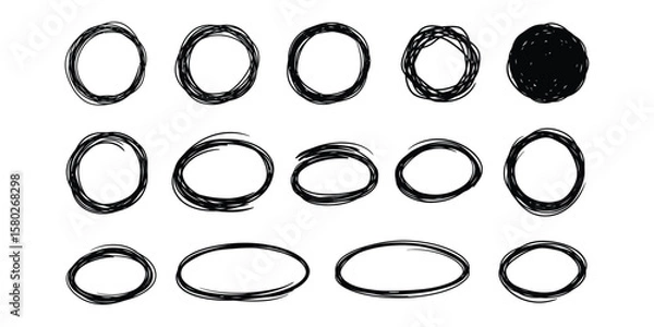 Fototapeta Hand drawn circle set with pen and brush strokes, sketch style vector illustration for design and art projects