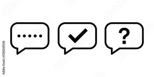Fototapeta Flat vector speech bubble icon set with dot, tick, and question mark symbols, minimalist design for app, website, UI, and design elements