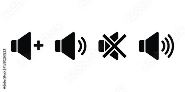 Fototapeta Flat vector speaker icon set with sound on, mute, volume increase and decrease symbols, minimalist design for player, video, app, and UI elements