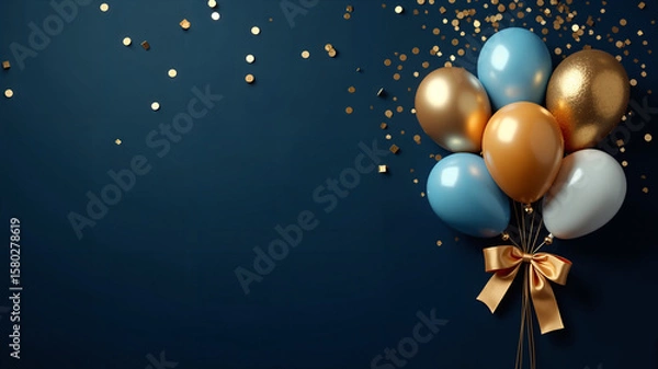 Obraz A bouquet of balloons in golden and blue hues, adorned with a golden bow, set against a deep blue background.