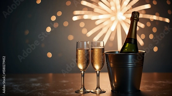 Obraz Tasteful celebration, pair of glasses, and bottle in bucket under illuminated background.
