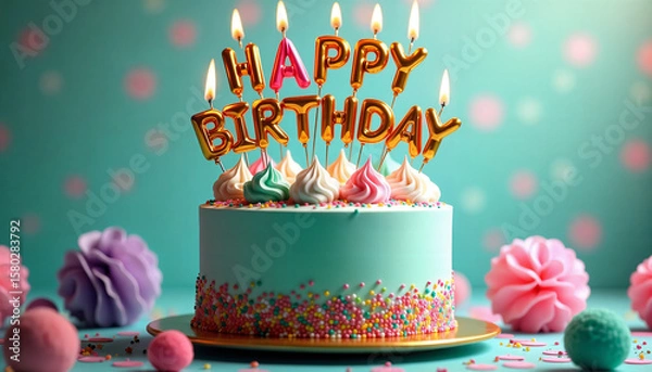 Obraz A delectable birthday cake adorned with vibrant candles and festive decorations.