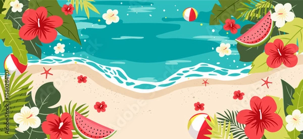 Fototapeta Colorful tropical beach banner with hibiscus flowers, watermelon slices, palm leaves, and sea waves. Perfect for summer sales, travel promotions, or seasonal backgrounds
