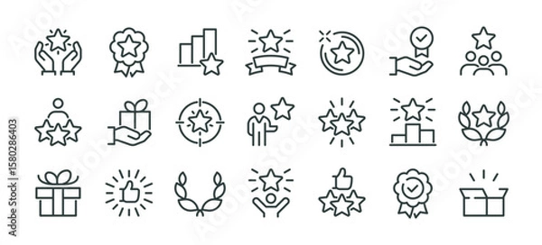 Fototapeta Best Award, Exclusive Benefit, High Rank Premium, Special Offer Icons Pack. Such Line Signs as Champion Award, Stars, Gift. Vector Icons Set for Web and App in Outline Style Editable Stroke.