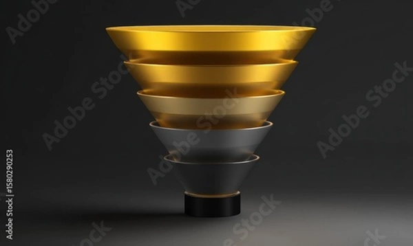 Obraz Photo of a golden sales funnel with multiple tiers illustrates the stages of lead conversion and customer acquisition