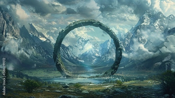 Fototapeta Fantasy landscape framed by a circular portal with majestic mountains towering in the distance