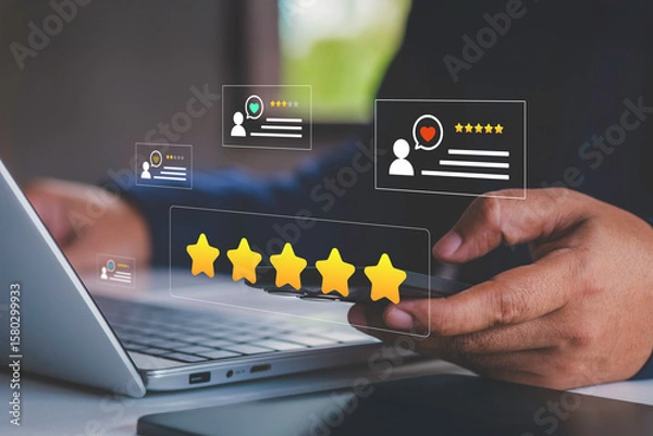 Obraz Online customer service review. Satisfaction survey with client feedback experience. Client using phone and laptop. Business rating and evaluation. Digital platform. Technology product analysis