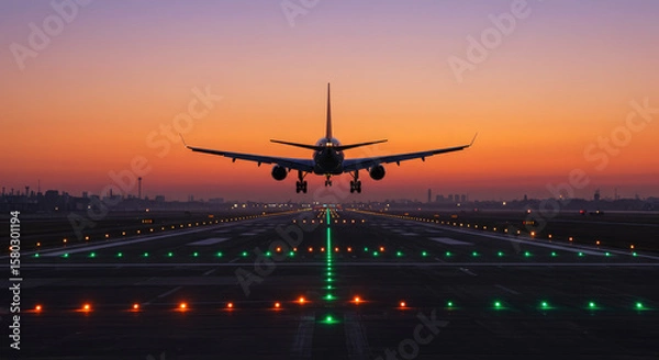 Obraz A Passenger Jet Approaching an Airport Runway at Dusk.