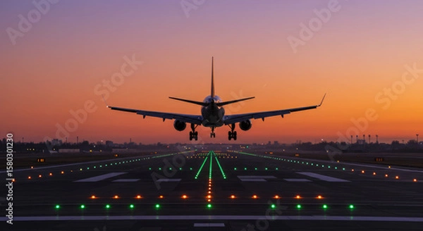 Obraz An Airplane Landing on a Runway at Sunset.