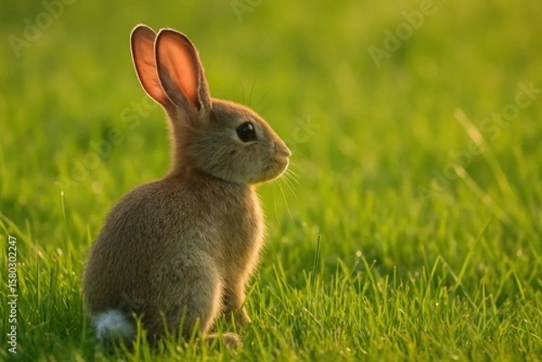 Fototapeta A young rabbit sits in quiet contemplation amidst a verdant meadow