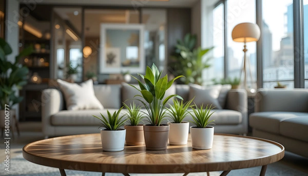 Fototapeta Modern open-plan home interior featuring a living and dining room with a wooden table, stylish chairs, and decorative plants