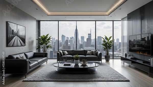 Fototapeta Elegant Living Space with Greenery and City Panorama