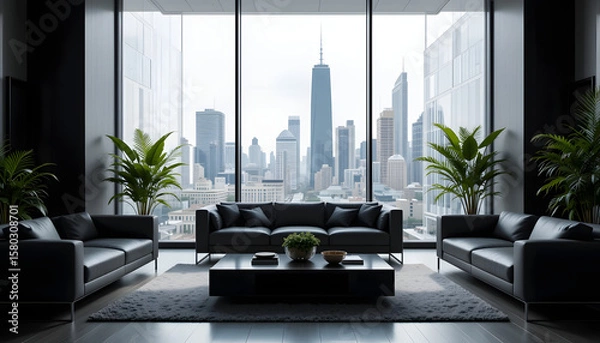 Obraz Elegant Living Space with Greenery and City Panorama