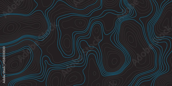 Obraz  A dark background with intricate, flowing blue topographic lines creating an abstract and textured pattern.