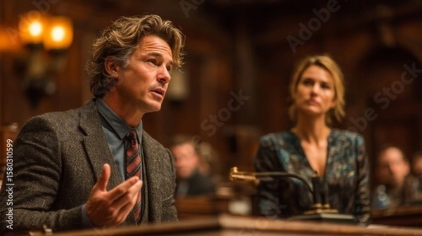 Obraz Serious professional discussion in a dimly lit wood-paneled room with warm ambient lighting,