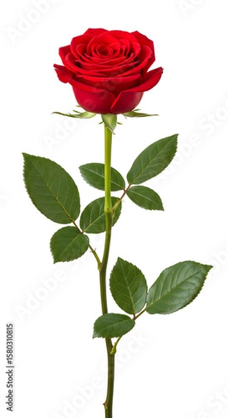 Obraz Single beautiful red rose flower with green leaves and stem. Isolated on transparent background, png