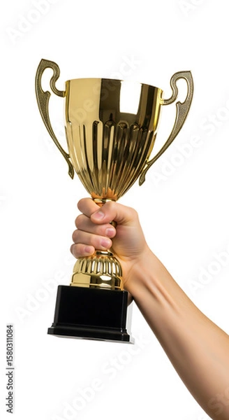 Obraz Hand holding a shiny golden winner's trophy cup for first place. Isolated on transparent background, png