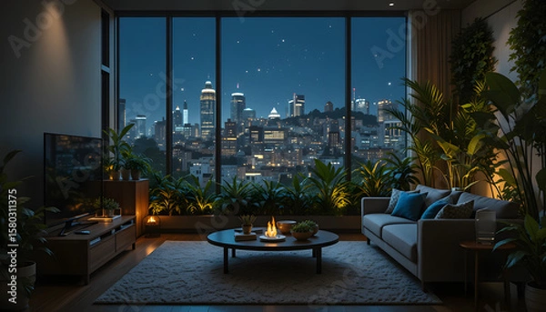 Fototapeta Minimalist Apartment Living Room with Greenery and City Panorama with nighttime atmosphere